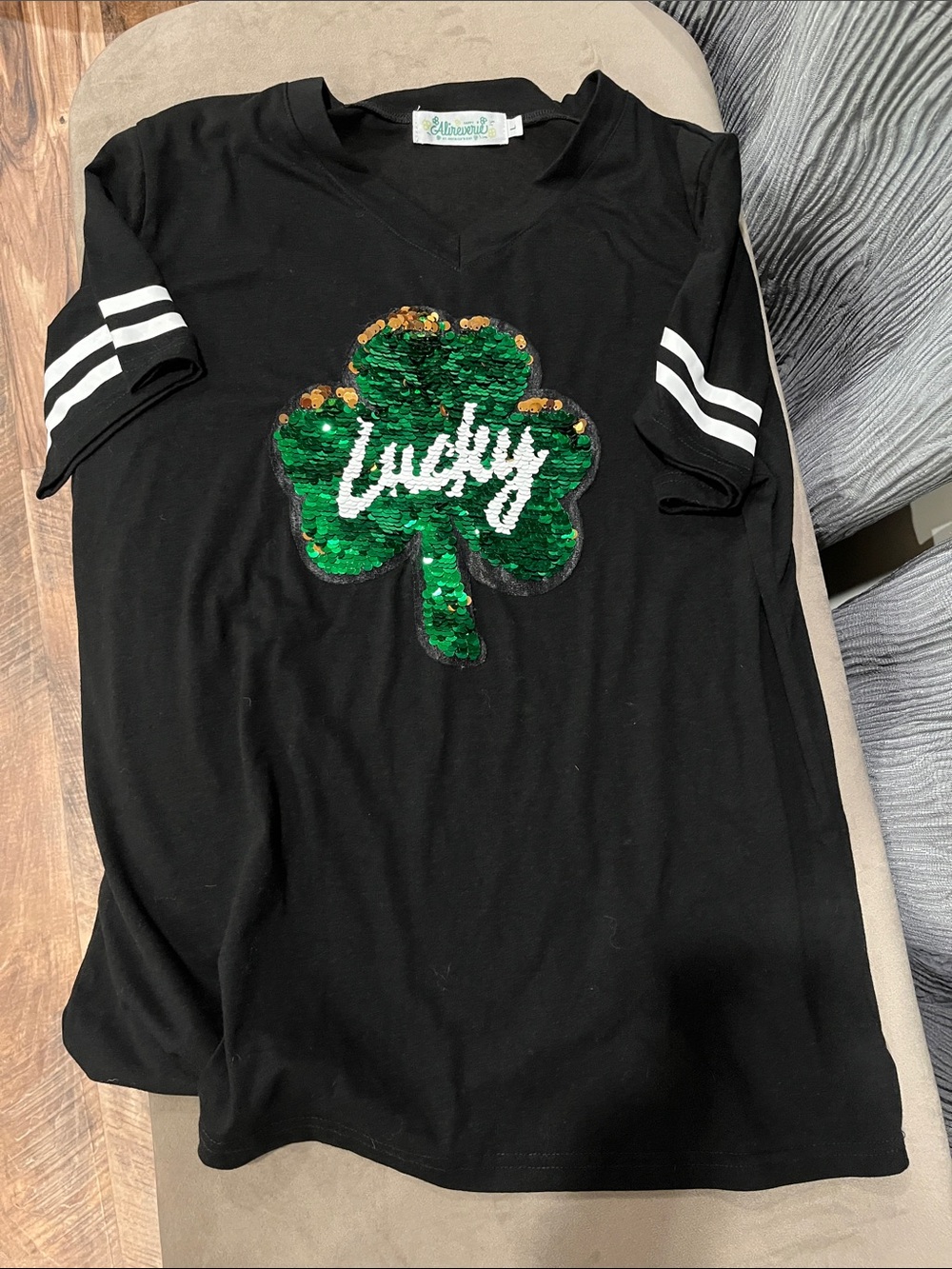 Lucky Sequin Clover Black V-Neck Tee